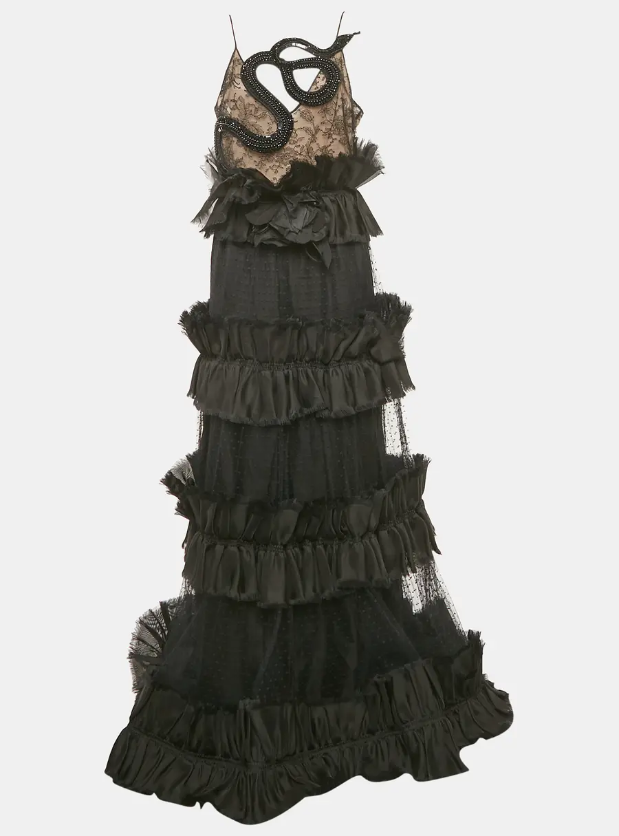 Gucci Black Beaded Crepe and Tulle Tiered Gown M