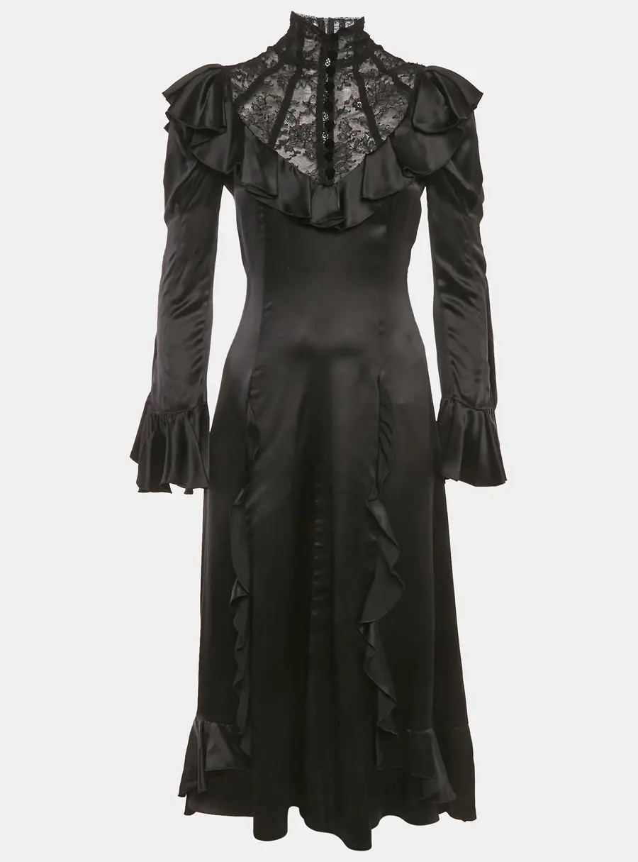 Gucci Black Lace Trim Satin Ruffled Midi Dress S