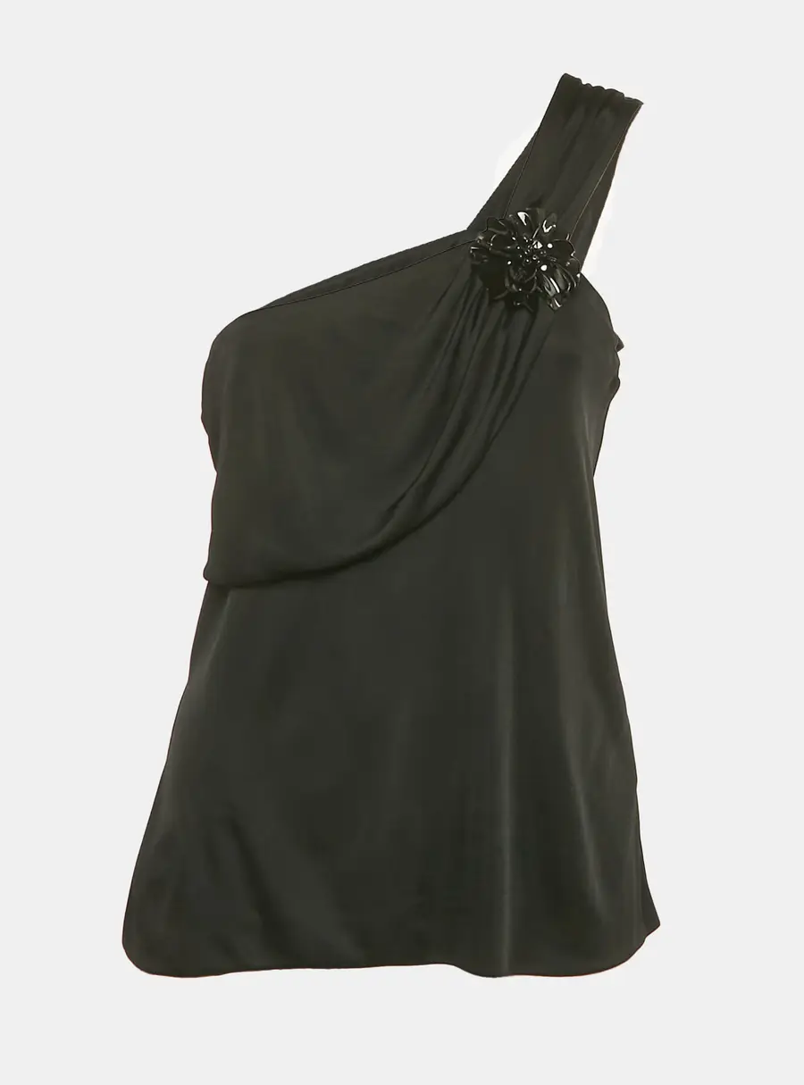 Gucci Black Jersey Floral Brooch Detail One-Shoulder Top M