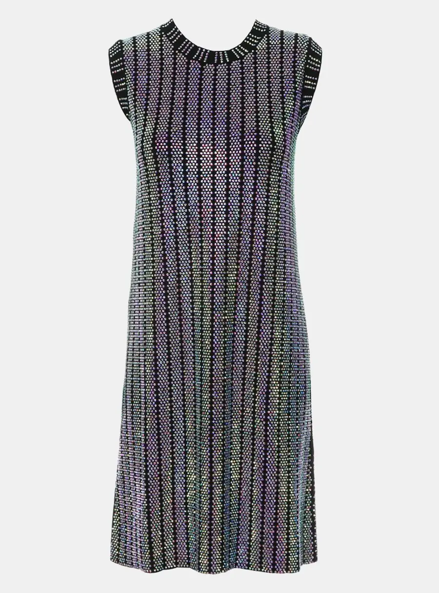 Gucci Multicolor Crystal Embroidered Rib Knit Dress M
