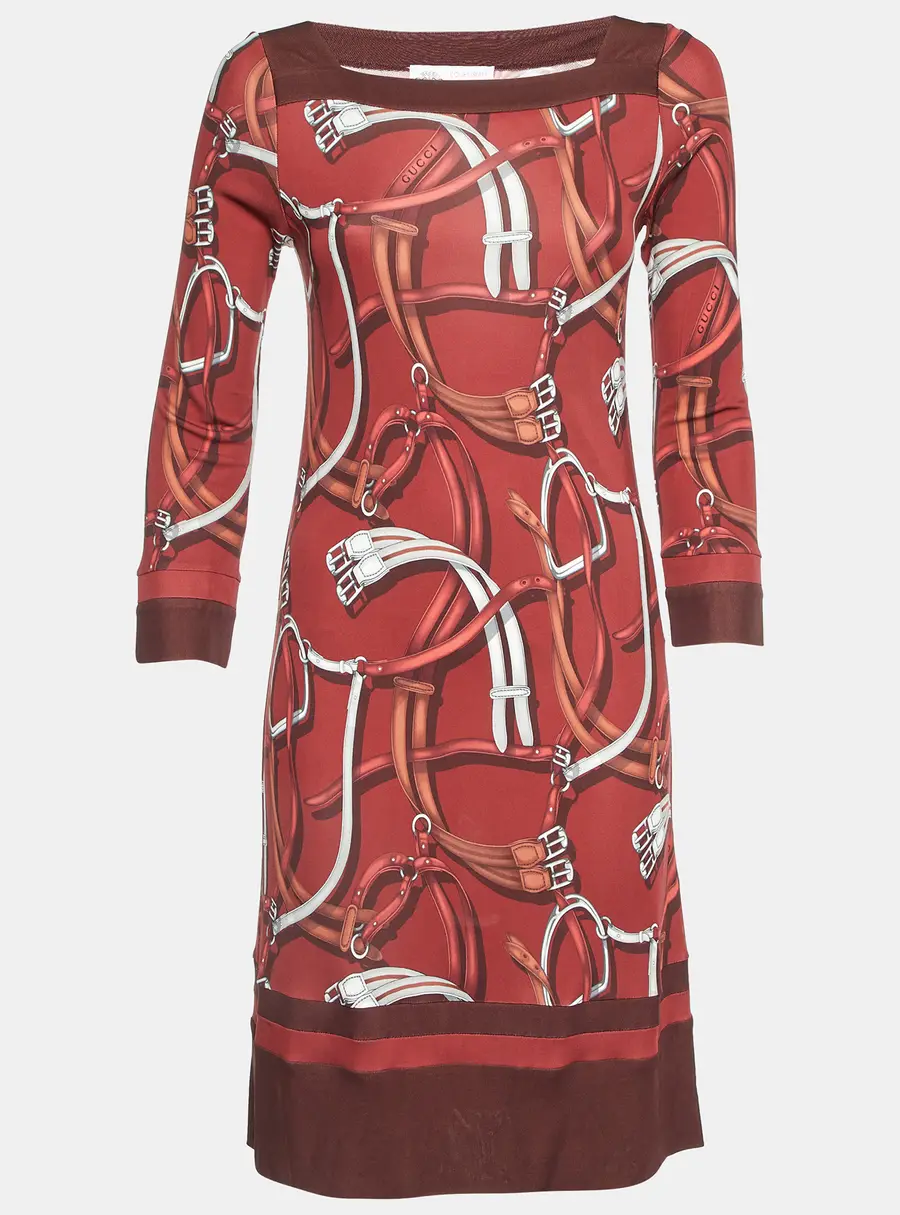 Gucci Equestrian Dark Red Printed Jersey Knee-Length Dress S