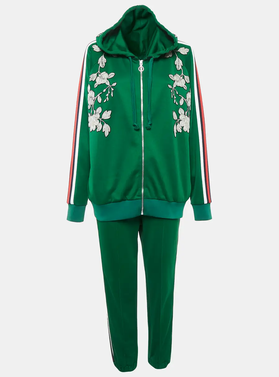 Gucci Green Floral Embroidered Cotton Blend Knit Tracksuit XL/L
