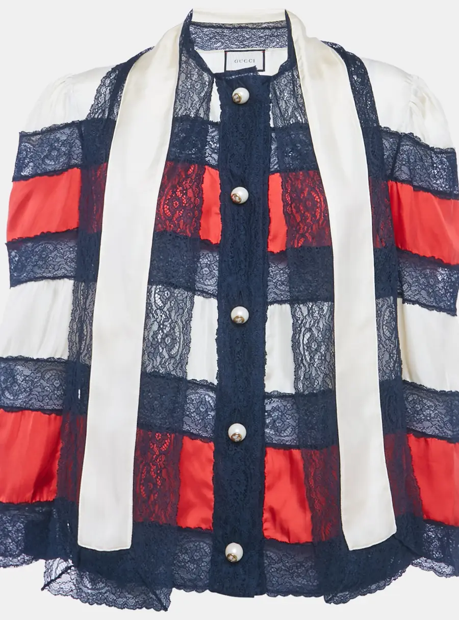Gucci Multicolour Striped Silk & Lace Bow Tie Neck Blouse L