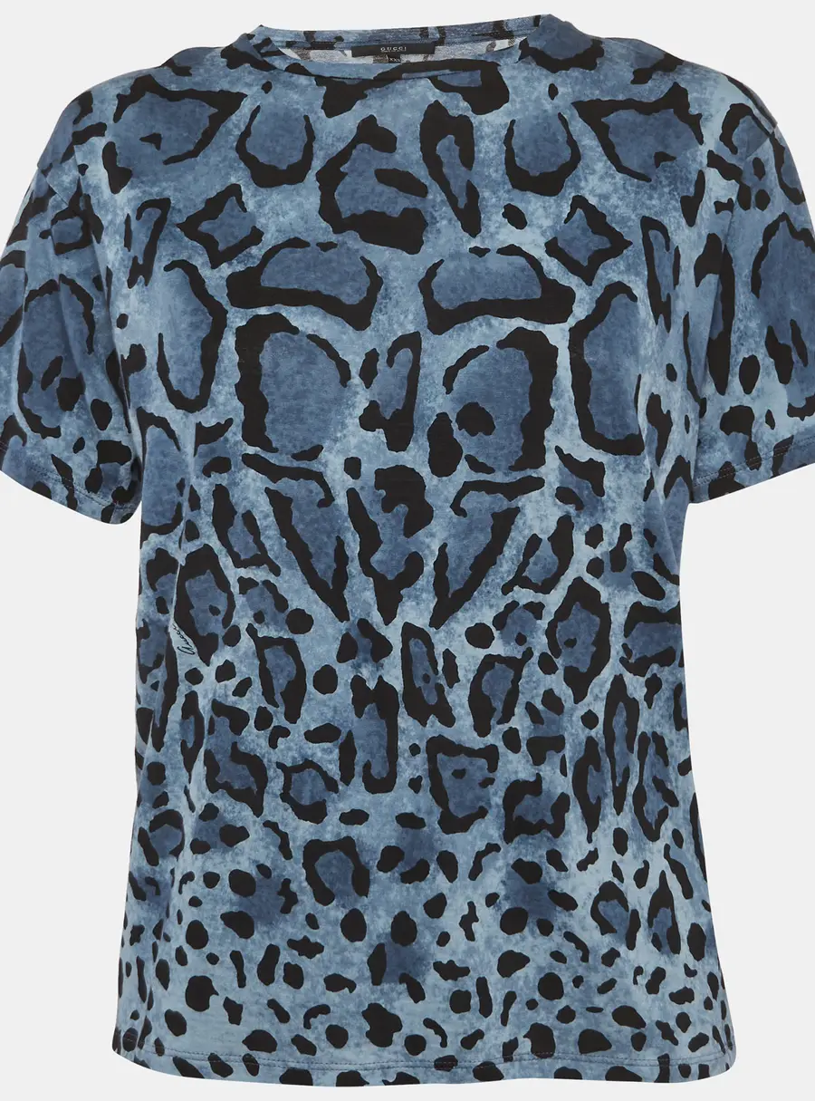 Gucci Blue Leopard Print Jersey T-Shirt XXS
