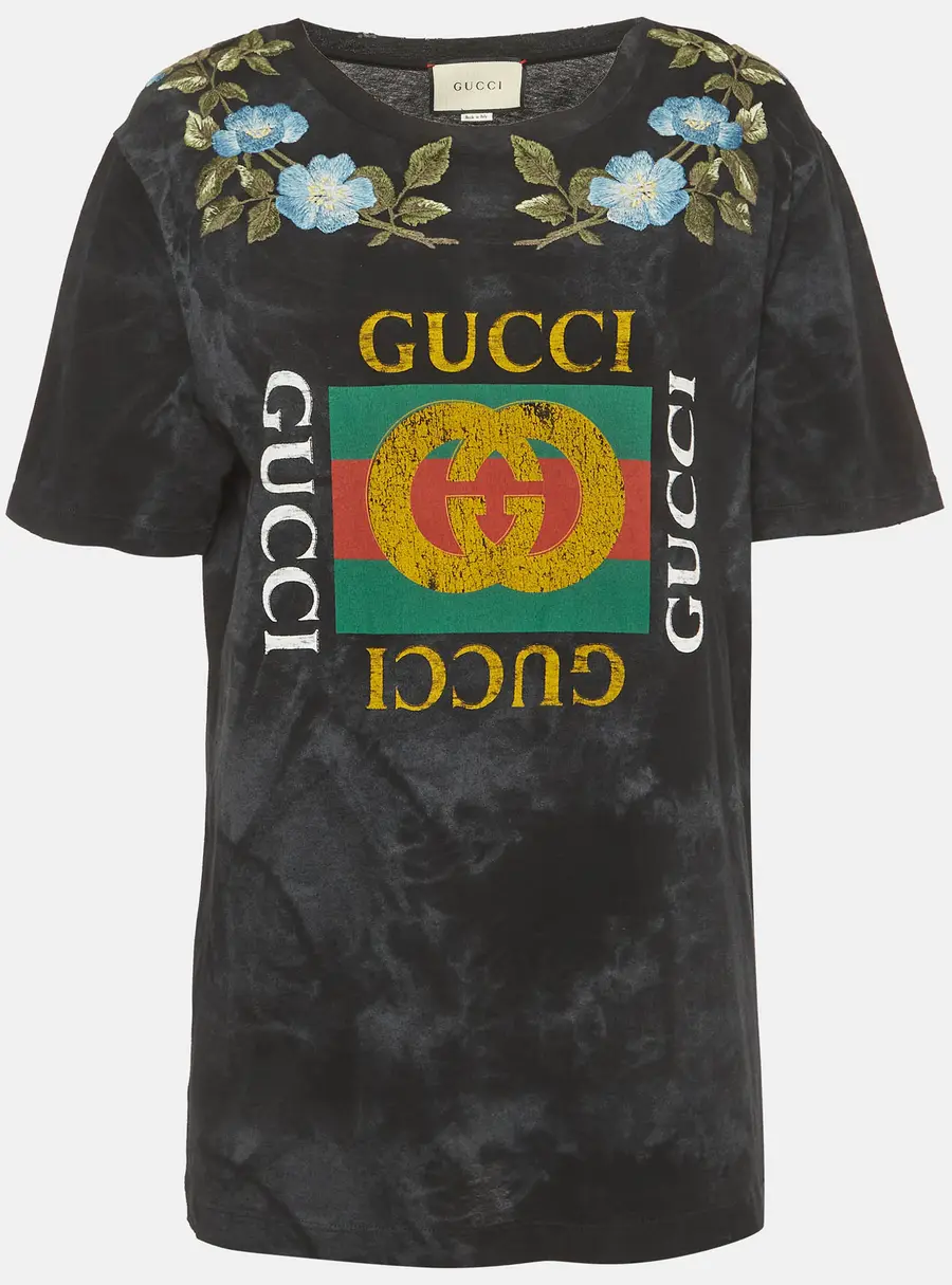 Gucci Black Embroidered Distressed Cotton Half Sleeve Shirt S