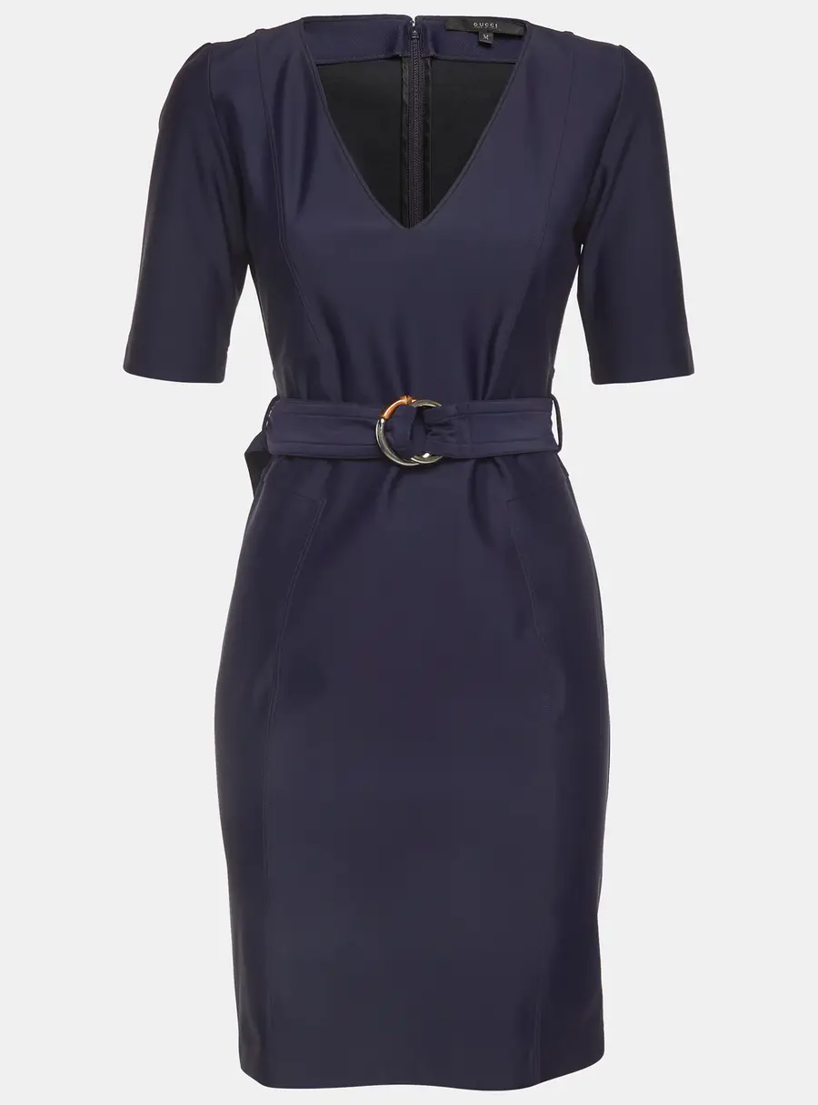Gucci Navy Blue Stretch Knit Belted Mini Dress M
