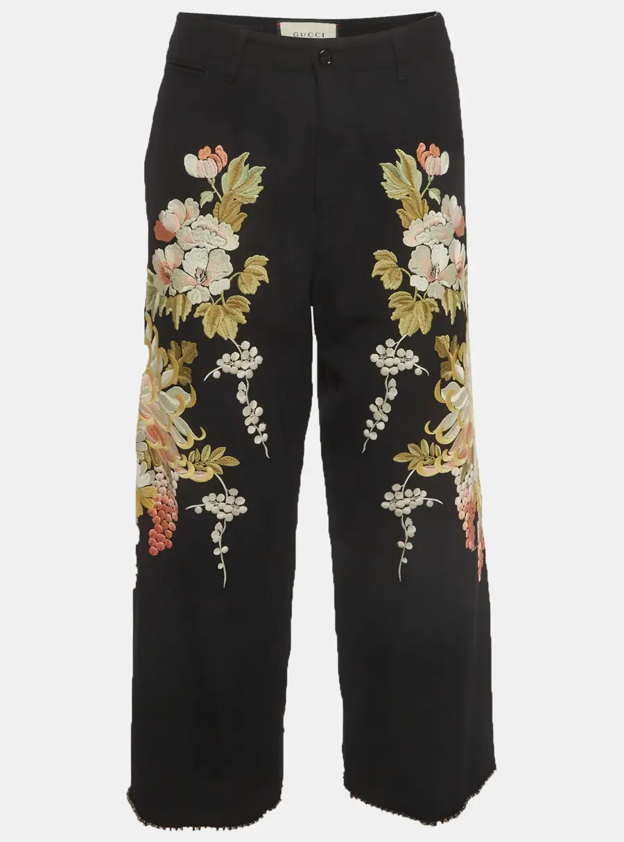 Gucci Black Floral Embroidered Wool Trousers S