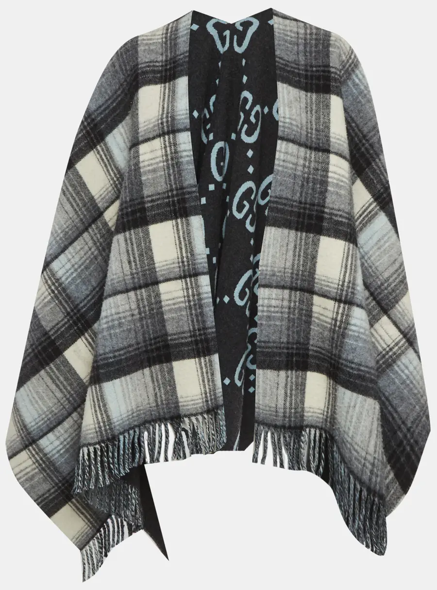 Gucci Grey Checkered Wool Poncho