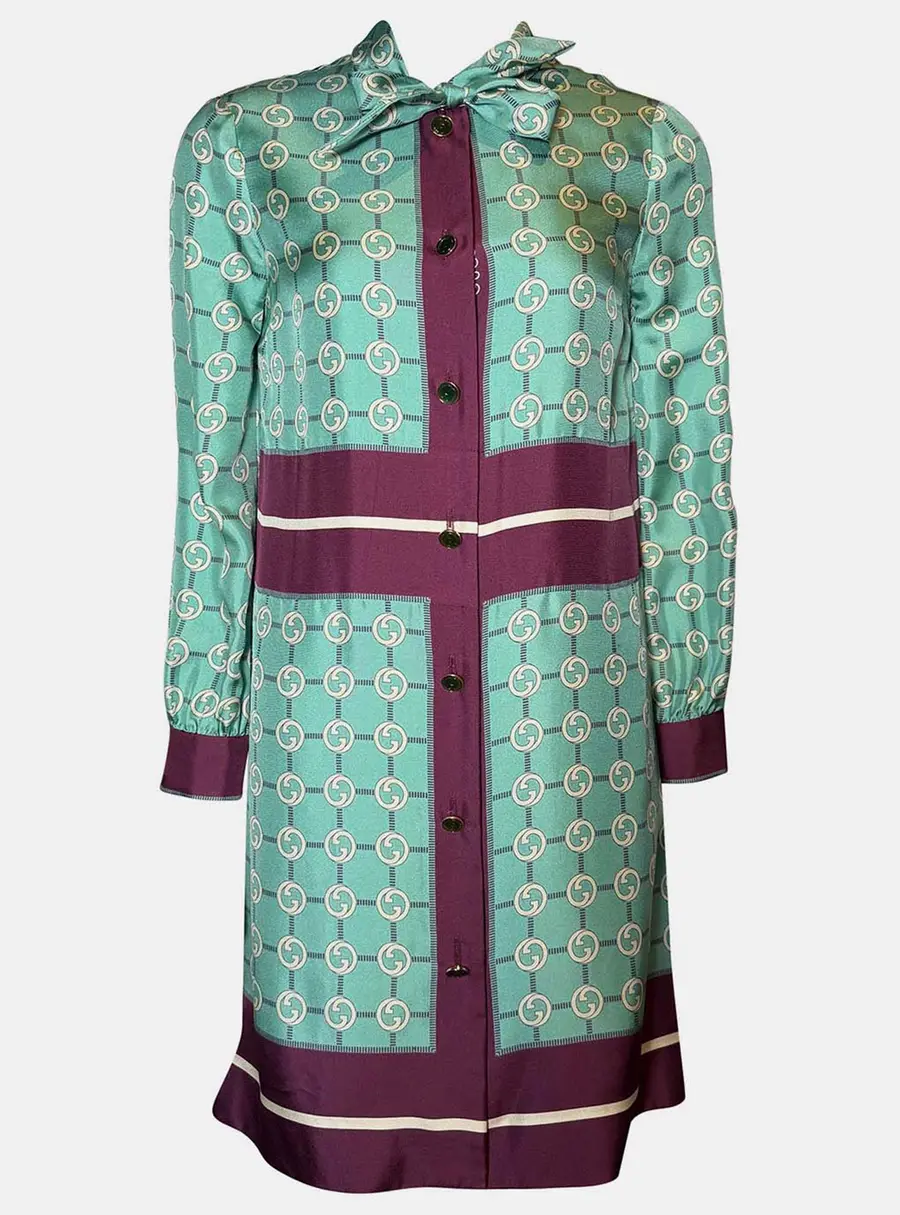 Gucci Silk Teal/Purple GG Printed Silk Button-Up Neck Tie Dress XS