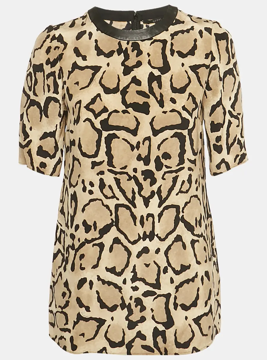 Gucci Brown Animal Print Silk Leather Collar Blouse S