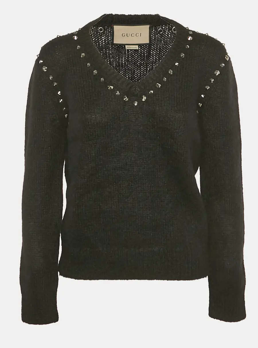 Gucci Black Studded Mohair Wool V-Neck Sweater S