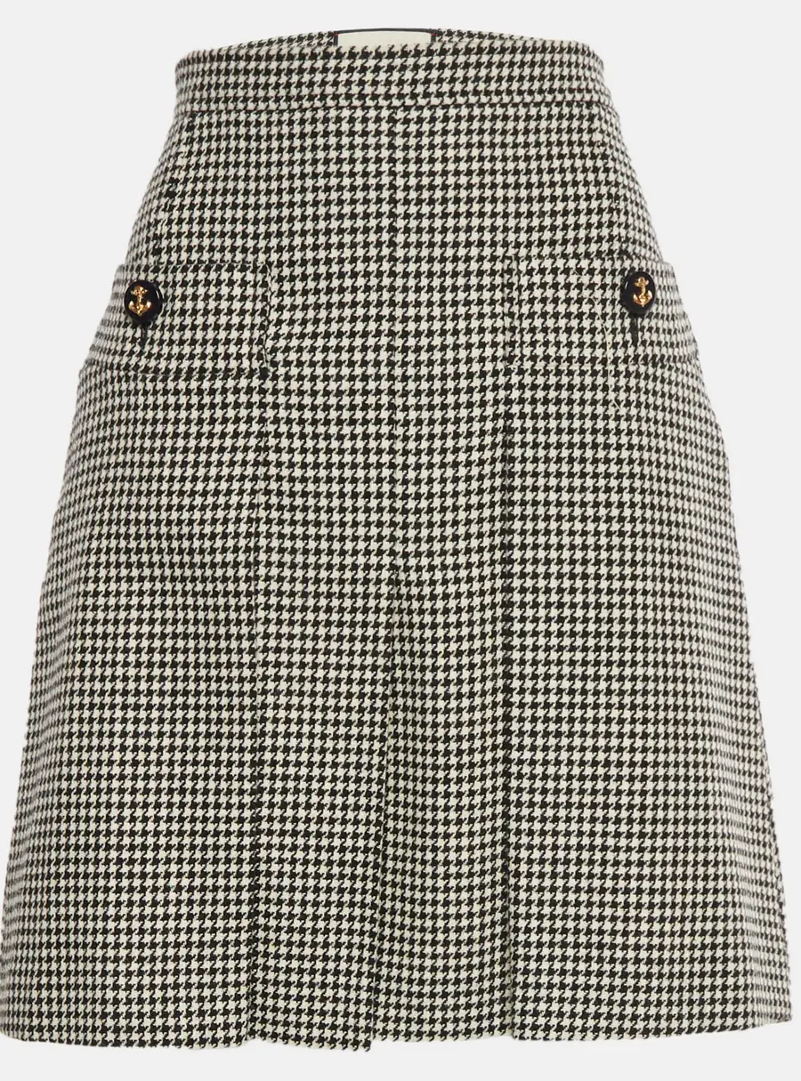 Gucci White/Black Houndstooth Wool Pleated Skirt M
