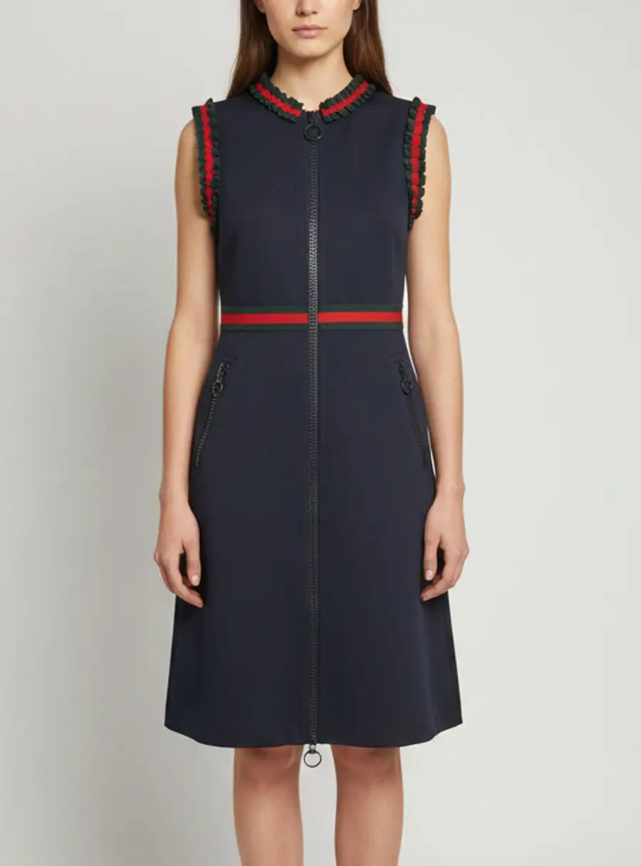 Gucci Navy Blue Web Trim Frill Sleeveless Dress L