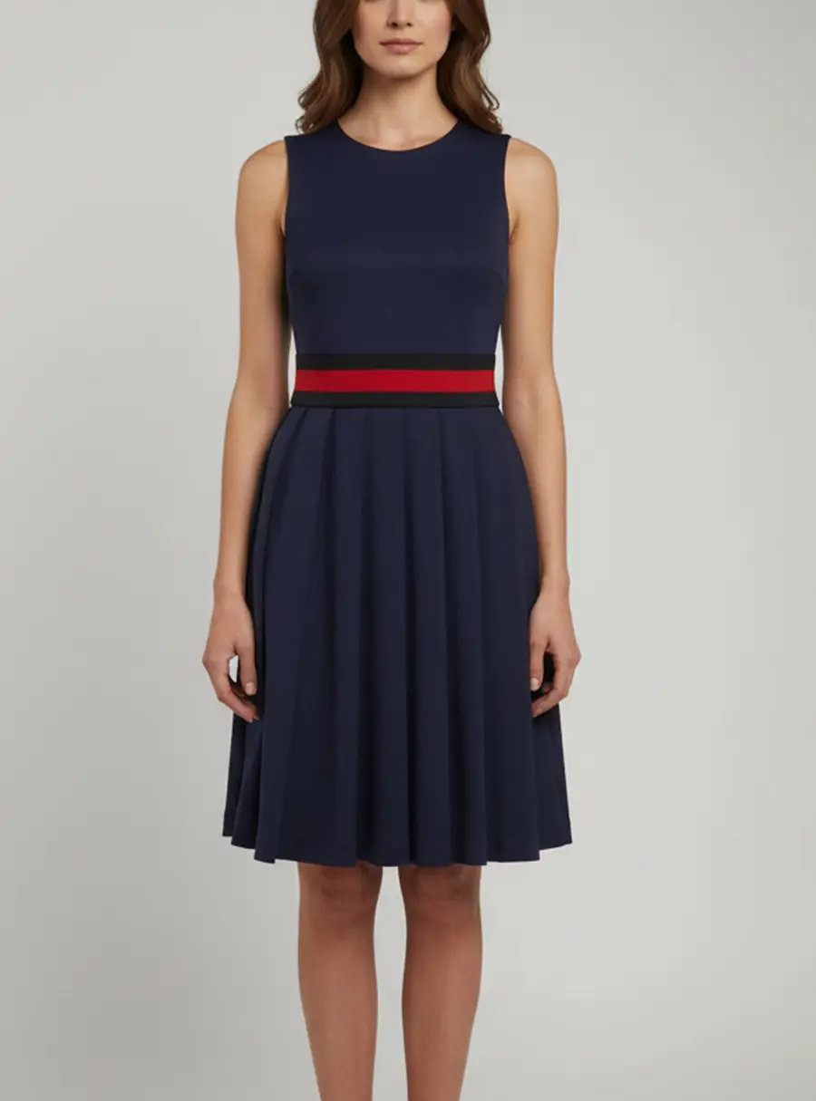 Gucci Navy Blue Gabardine Waist Detail Pleated Short Dress XS