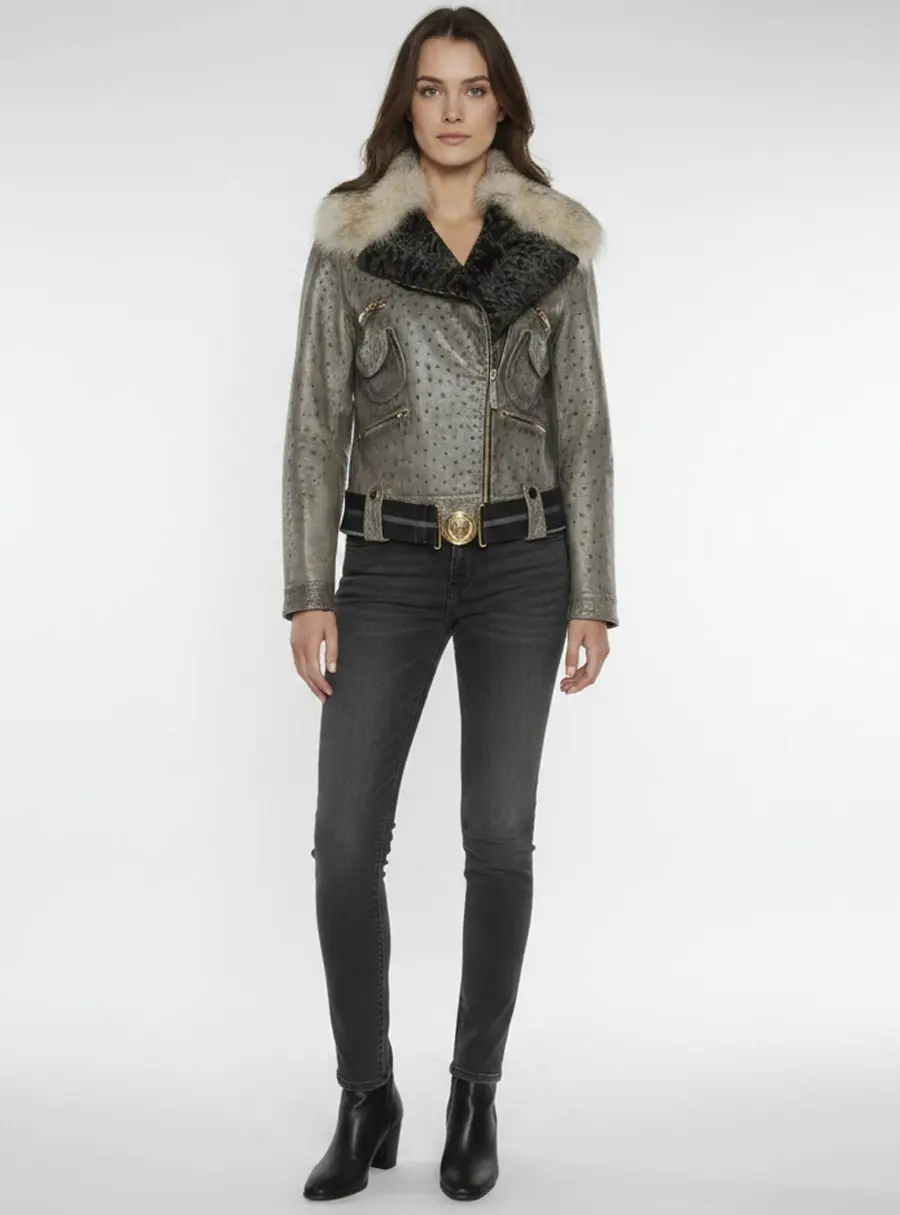 Gucci Grey Leather Fur Collared Zip Up Jacket M