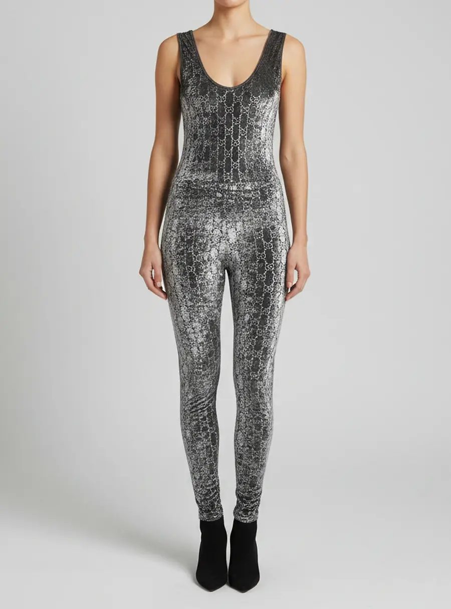 Gucci Grey GG Crystal Embellished Velvet Scoop Neck Jumpsuit S