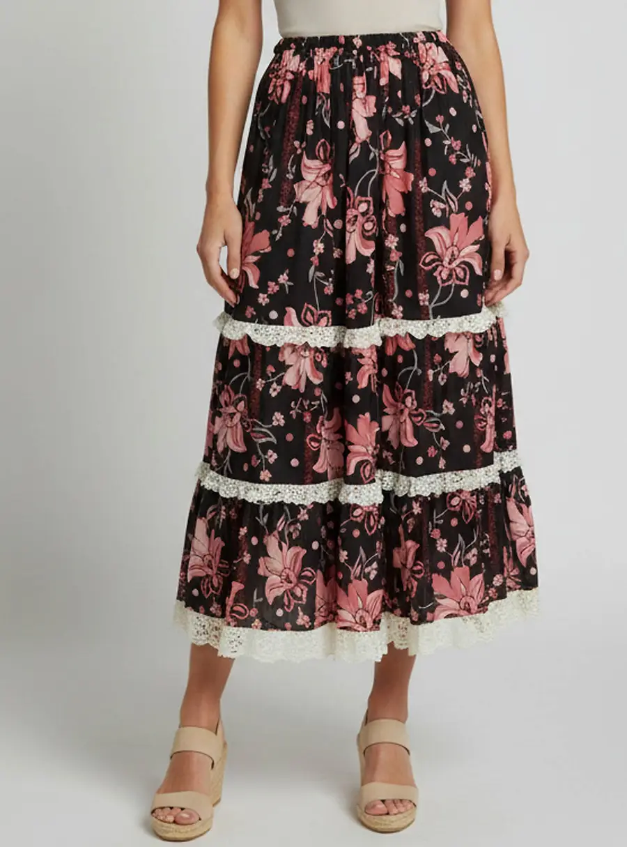 Gucci Black Floral Print Crepe and Lace Trim Tiered Midi Skirt M