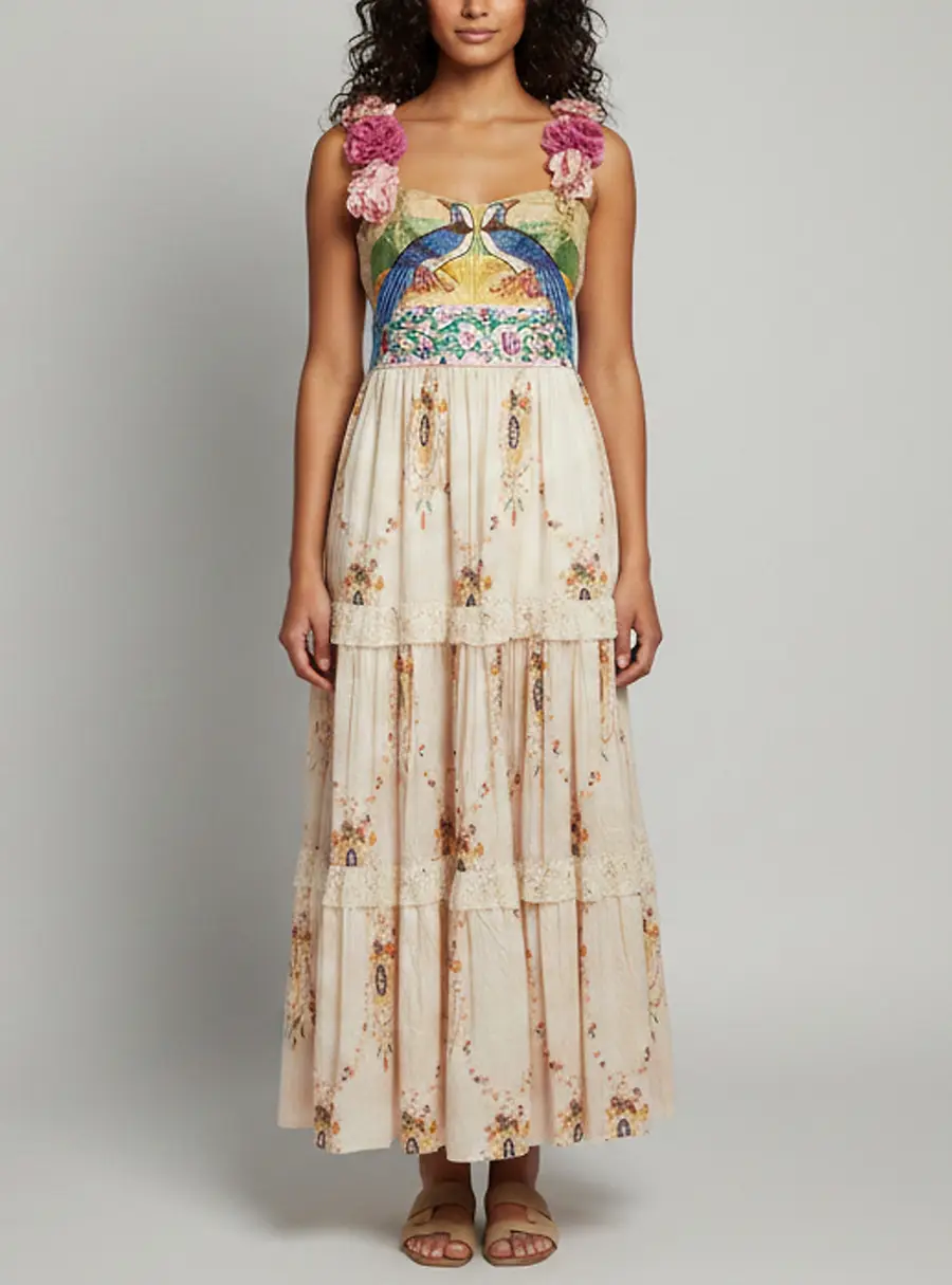 Gucci Multicolour Cotton and Silk Embroidered Floral Applique Gown M