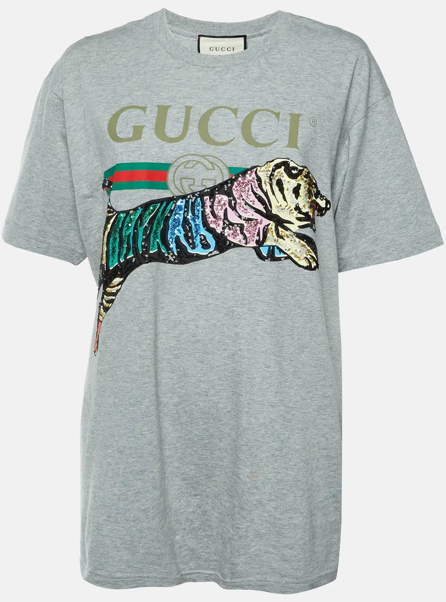 Gucci Grey Logo Print Embellished Tiger Jersey Crewneck T-Shirt S
