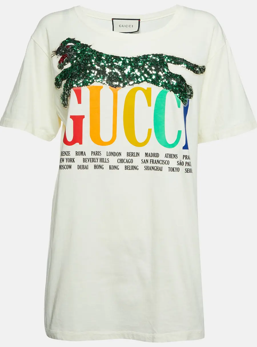 Gucci Cream City Logo Print Cotton Sequin Tiger Applique Detail T-Shirt S