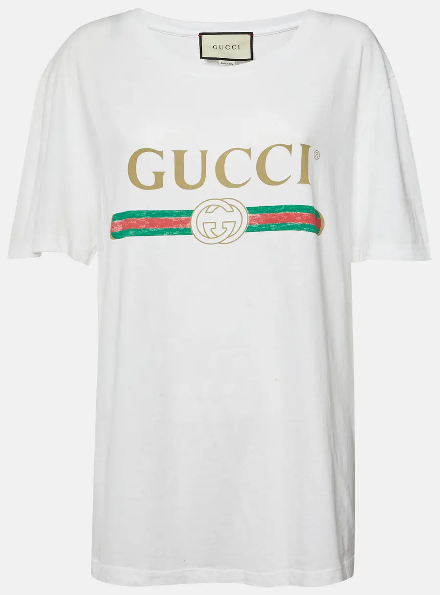 Gucci Off White Logo Print Jersey Distressed T-Shirt M