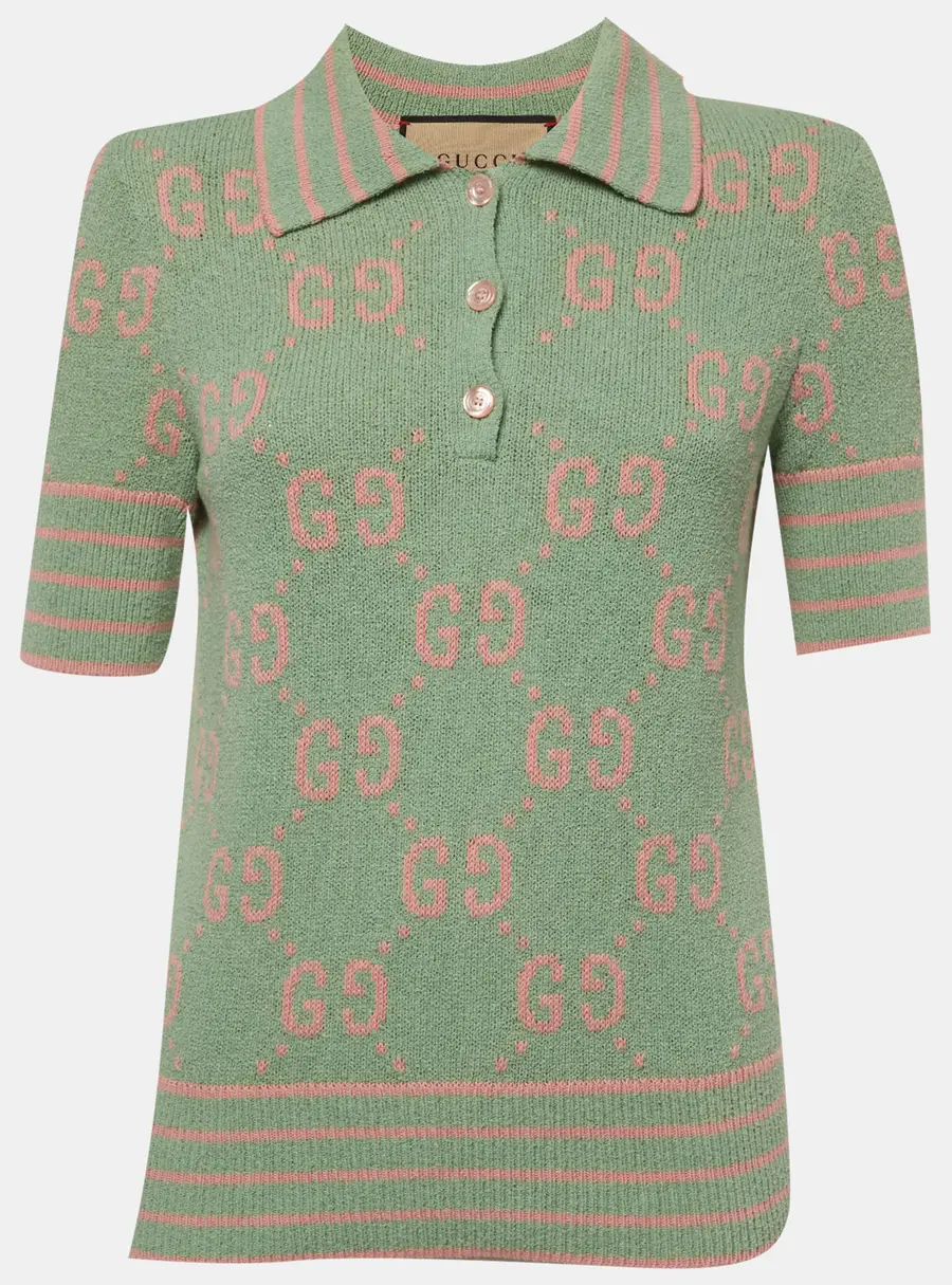 Gucci Green/Pink Monogram Jacquard Knit Polo T-Shirt S