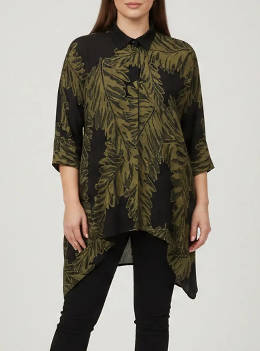 Gucci Black Leaf Print Crepe Button Up Kaftan Blouse S