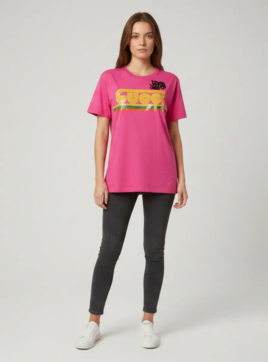 Gucci Pink G-Loved Embellished Logo Jersey Oversized T-Shirt XXS
