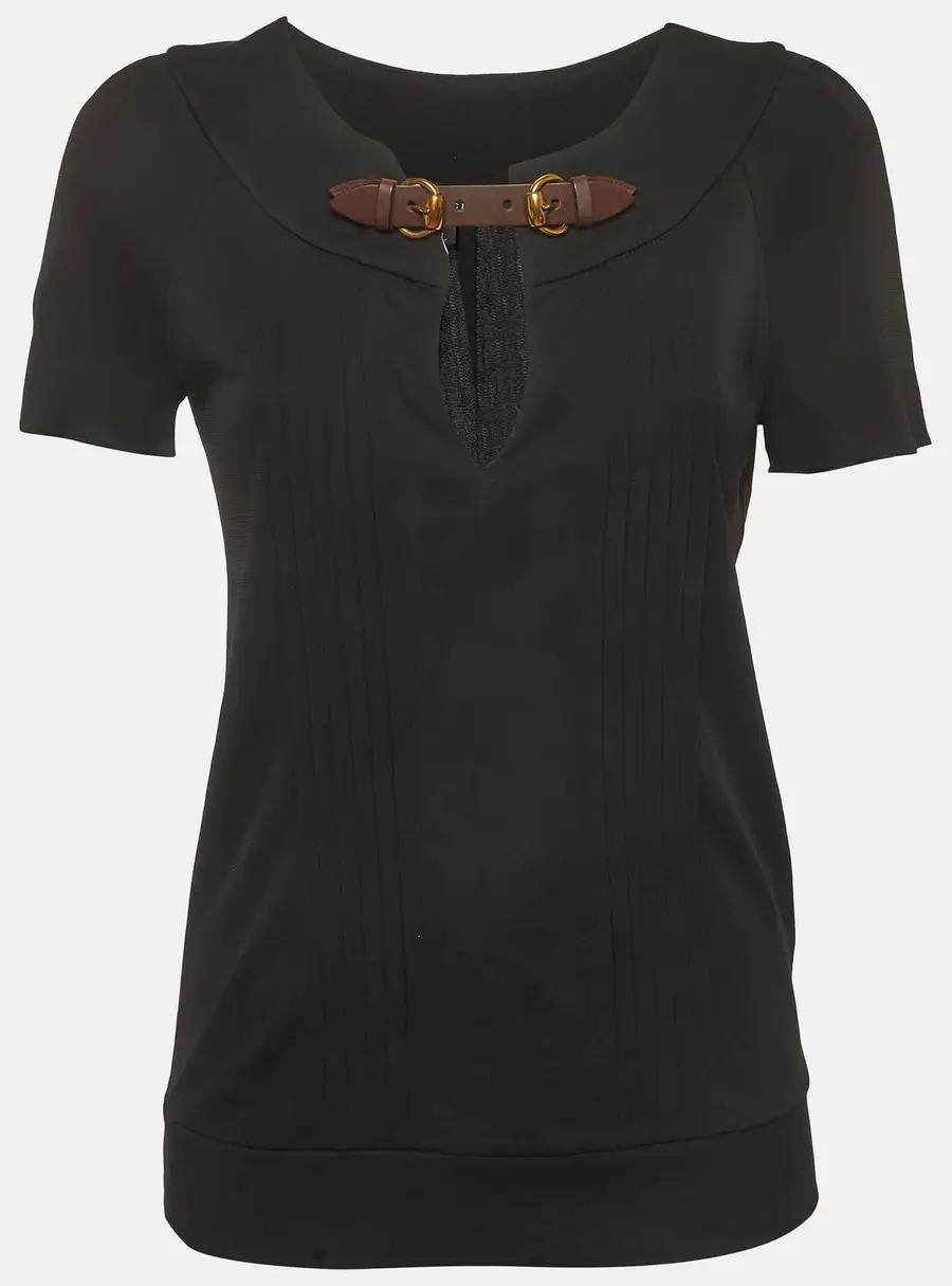 Gucci Black Crepe Leather Buckle Pin Tucked Blouse L