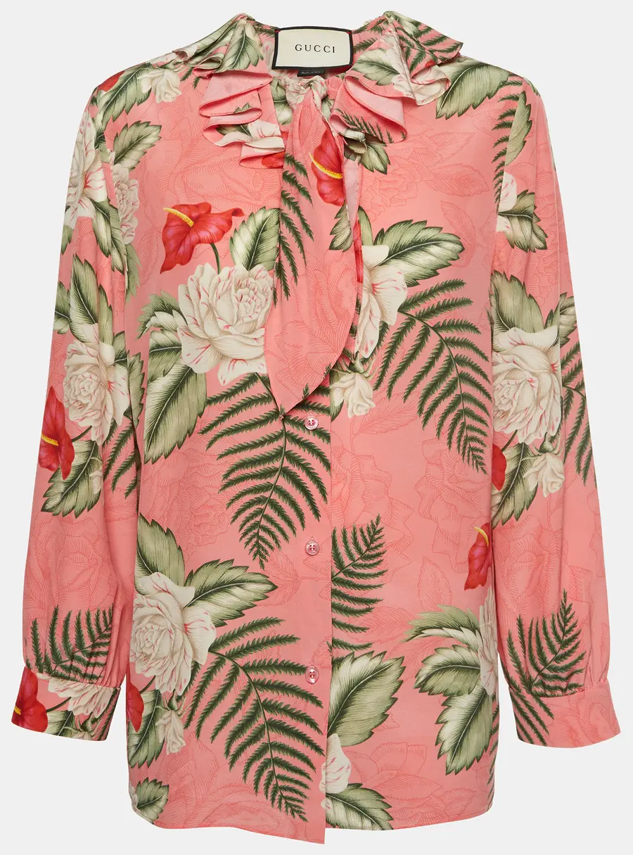 Gucci Pink Floral Print Silk Long Sleeves Blouse M