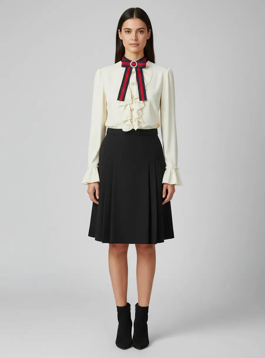 Gucci Cream / Black Jersey Knit Ruffle Detail Midi Dress M
