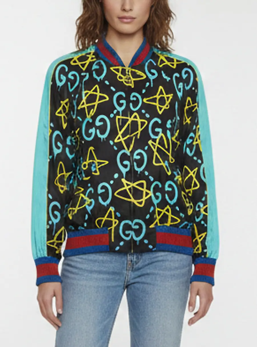Gucci Black Printed Satin Zip Up Bomber Jacket M
