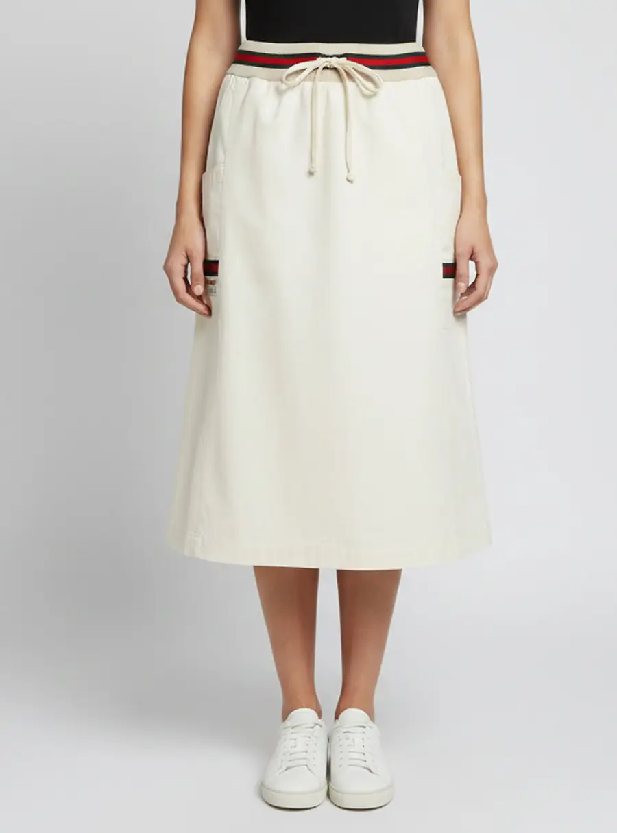 Gucci Cream Logo Detail Web Trim Canvas Midi Skirt M