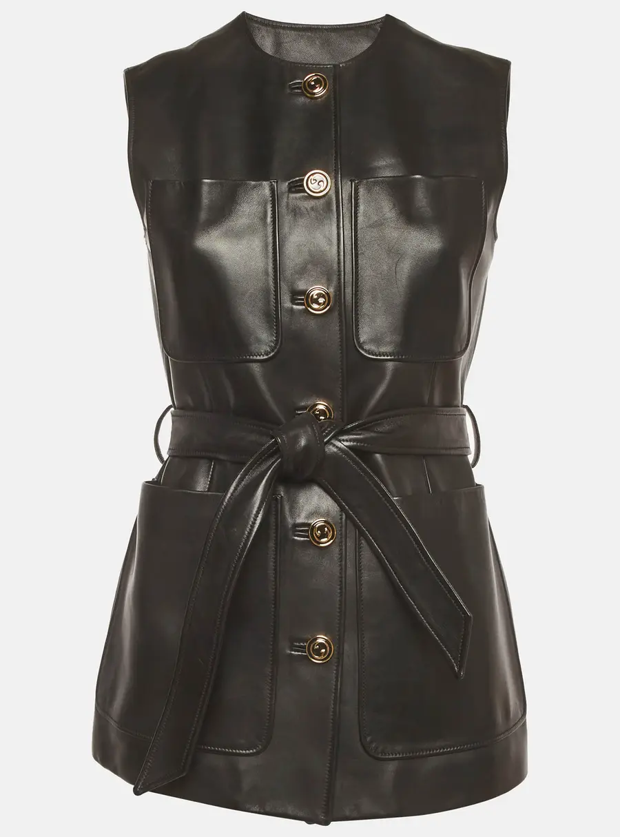 Gucci Black Button Embellished Leather Long Belted Vest S