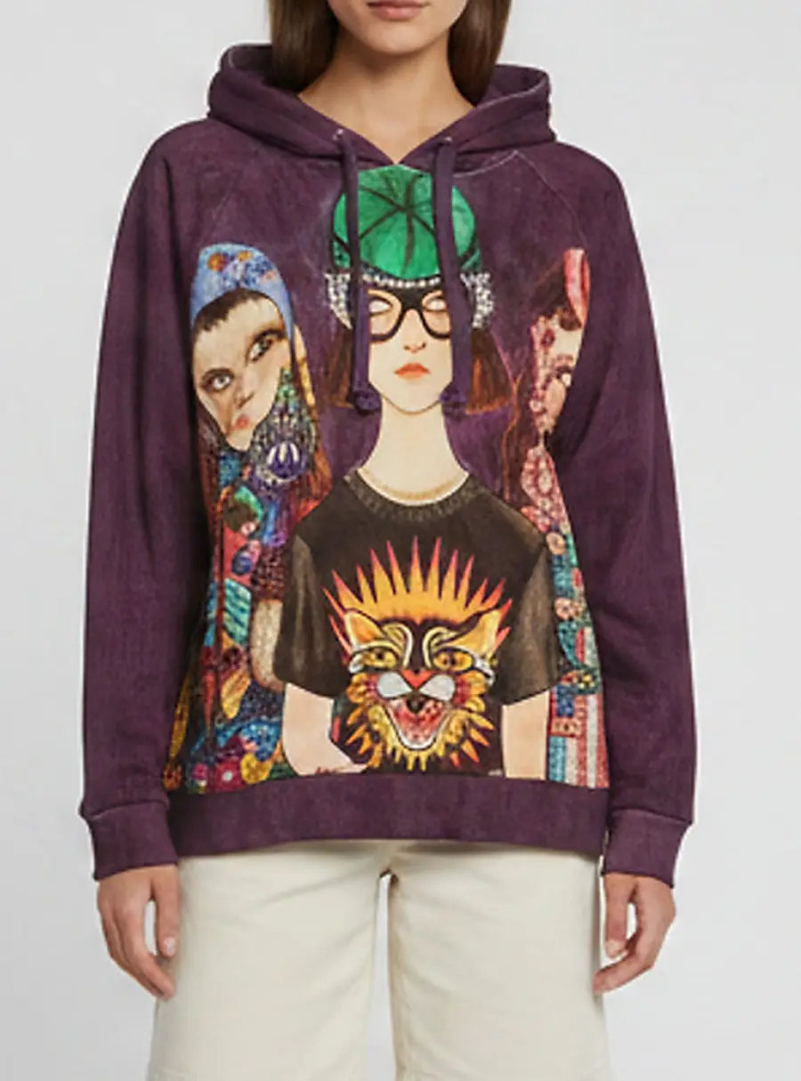Gucci X Unskilled Worker Purple "The Family" Print Cotton Knit Hooded Sweatshirt S