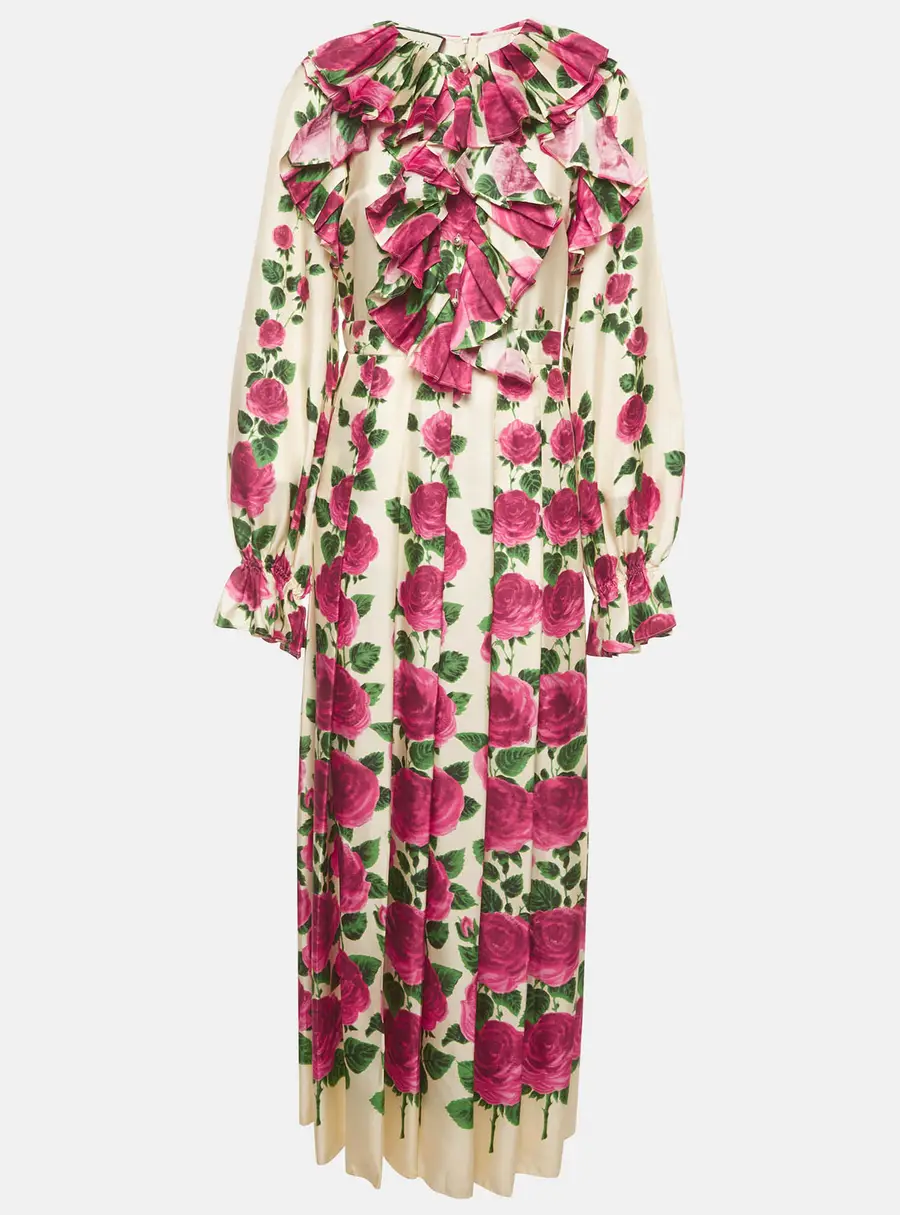 Gucci Cream Silk Rose Garden Print Ruffle Maxi Gown M