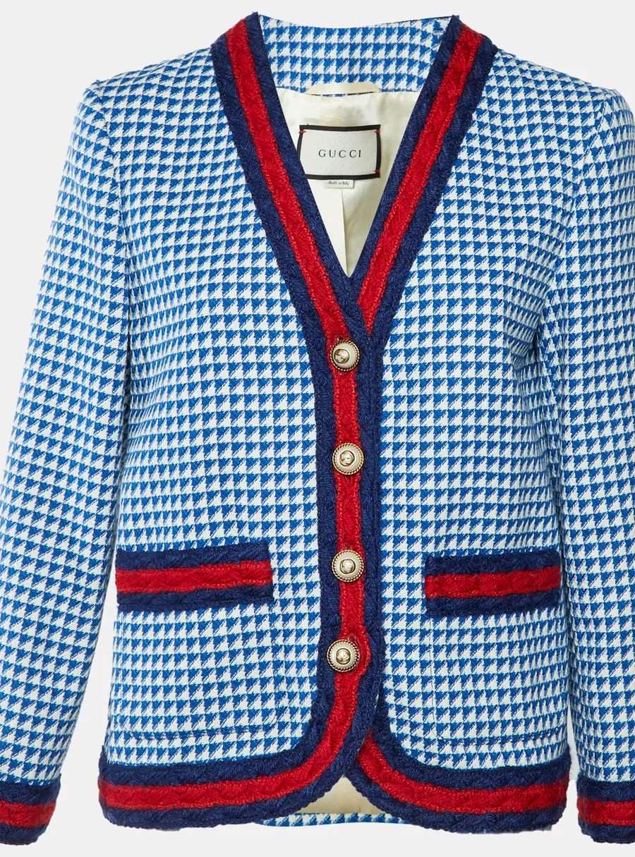 Gucci Blue/white Houndstooth Tweed Web Trim V-Neck Jacket M