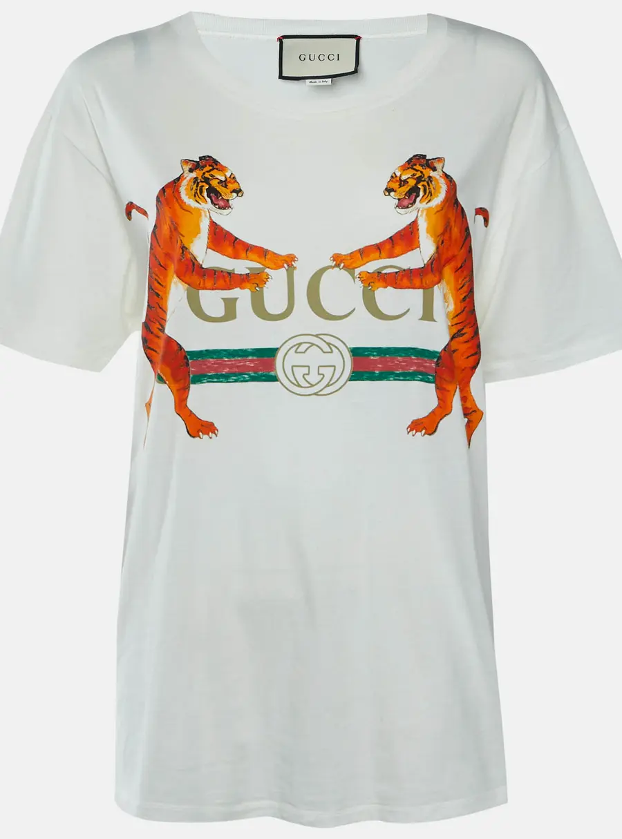 Gucci Off White Logo & Tiger Print Jersey Short Sleeve T-Shirt L