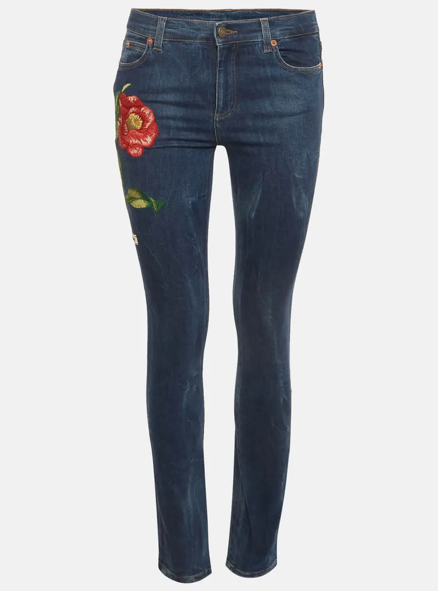 Gucci Blue Floral Embroidered Denim Skinny Jeans S/Waist 27"