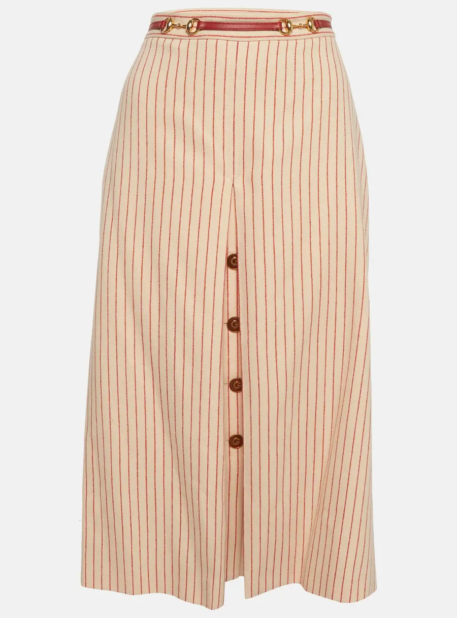 Gucci Cream/Red Striped Wool Horsebit Detail Midi Skirt L