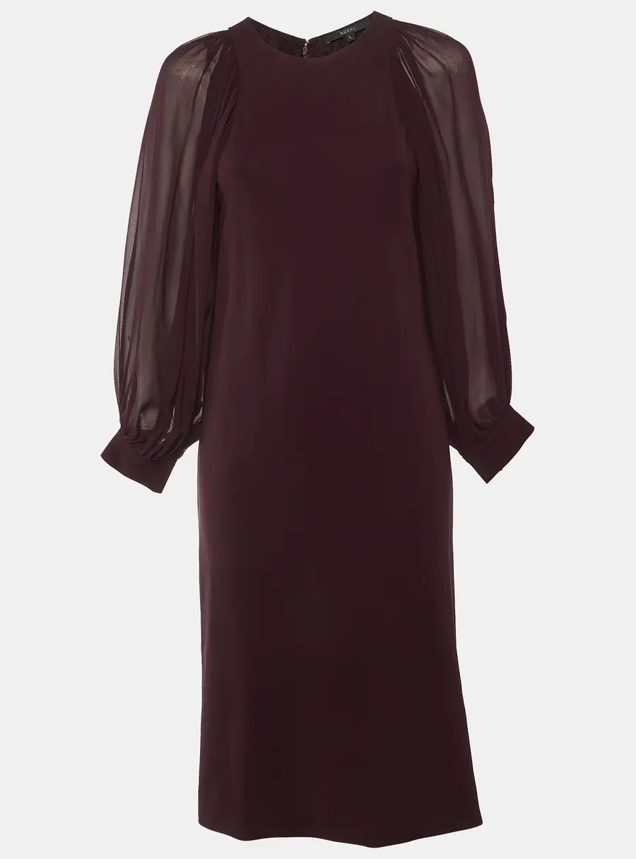 Gucci Burgundy Stretch Knit Bishop Sleeve Midi Dress L