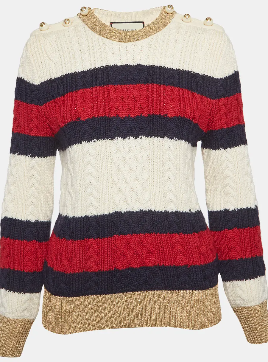 Gucci White Striped Cable Knit and Lam&eacute; Sweater XL