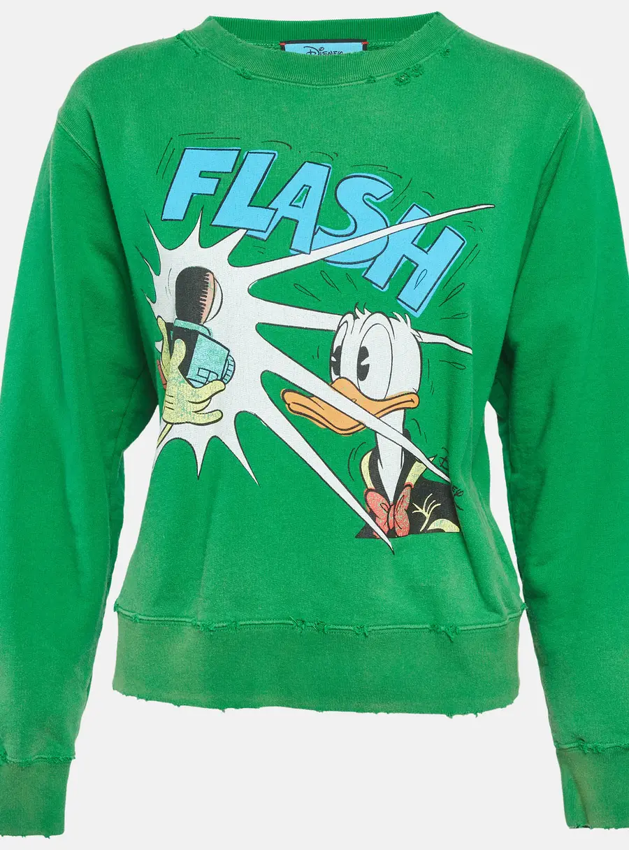 Gucci X Disney Green Graphic Print Cotton Knit Distressed Sweatshirt XS