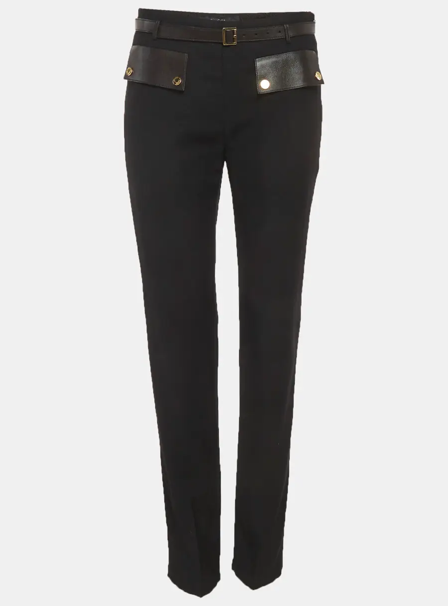 Gucci Black Leather Trim Wool Belted Trousers S