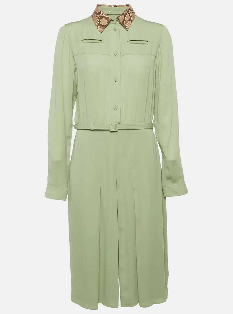 Gucci Green Leather Trim Silk Midi Dress L