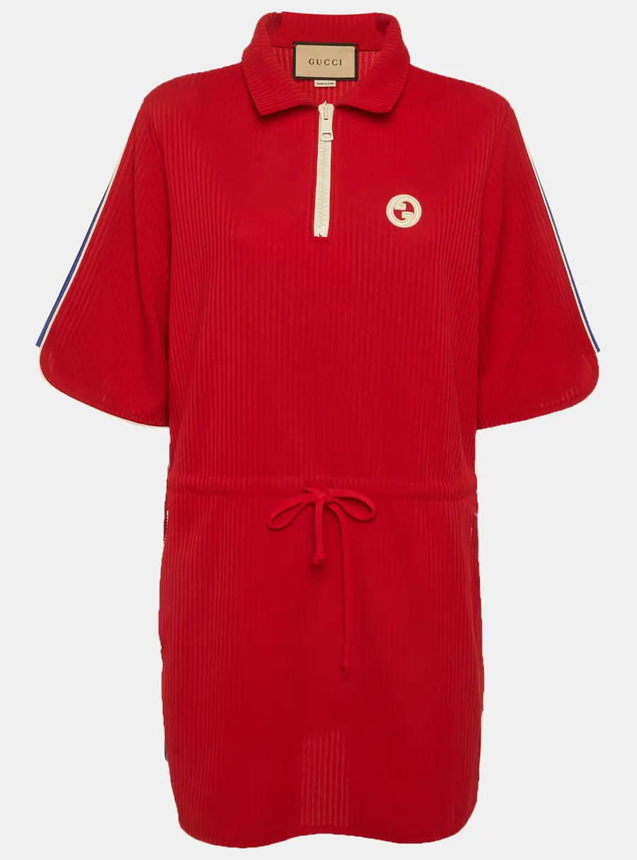 Gucci Red Rib Knit GG Applique Drawstring Short Dress L