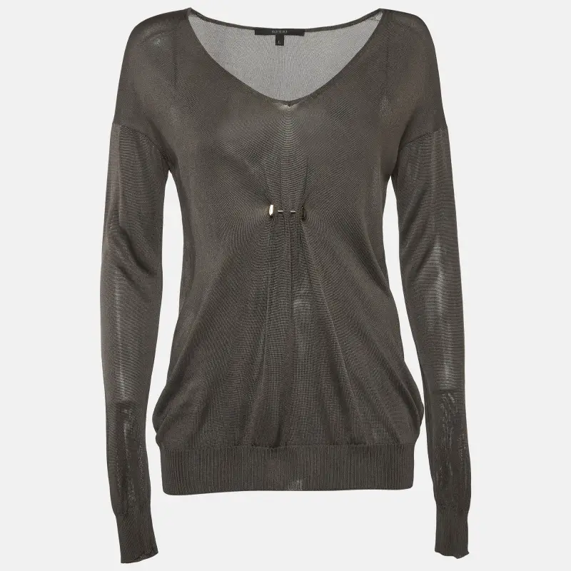 Gucci Brown Stretch Knit Brooch Detail Top L