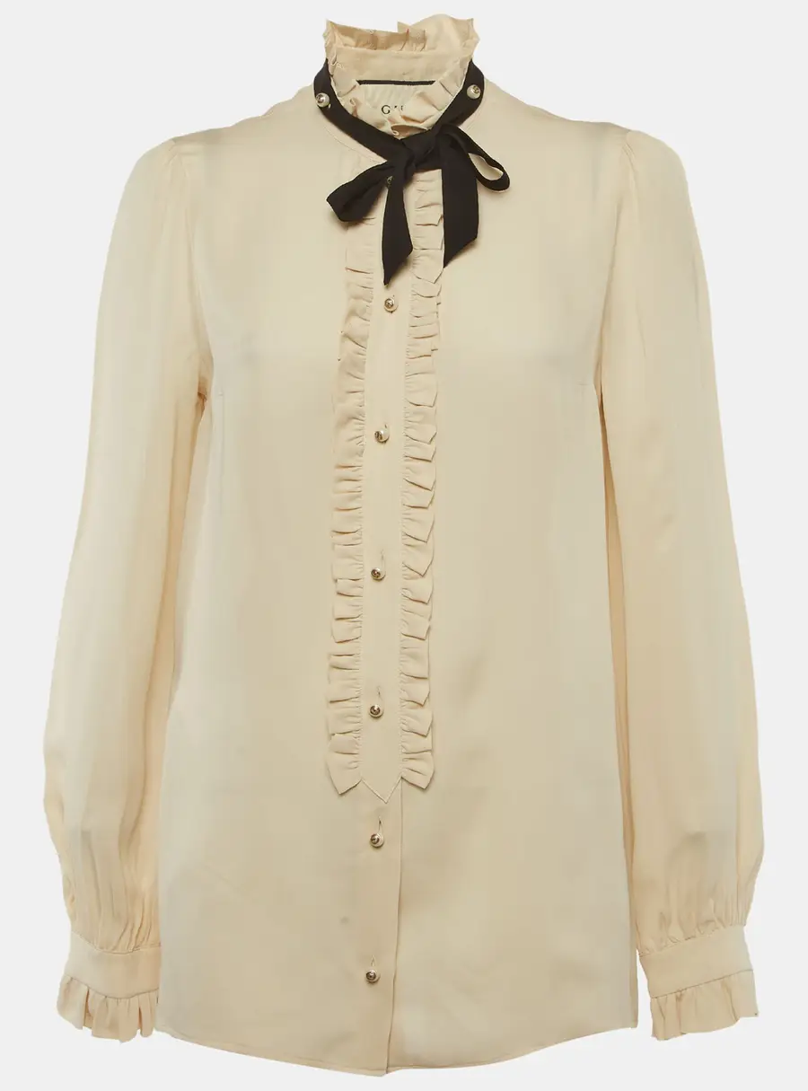 Gucci Beige Silk Neck Tie Detail Ruffle Blouse M