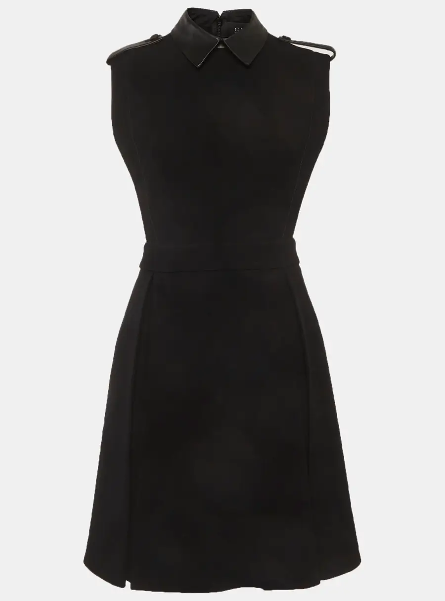 Gucci Black Stretch Crepe Leather Trim Sleeveless Mini Dress M