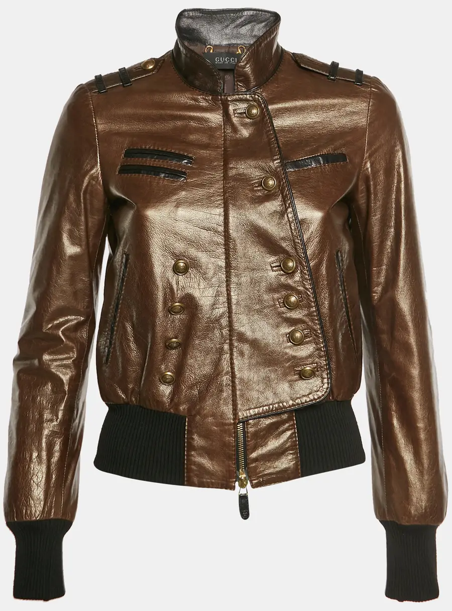 Gucci Brown Leather Stand Collar Zip Front Jacket S